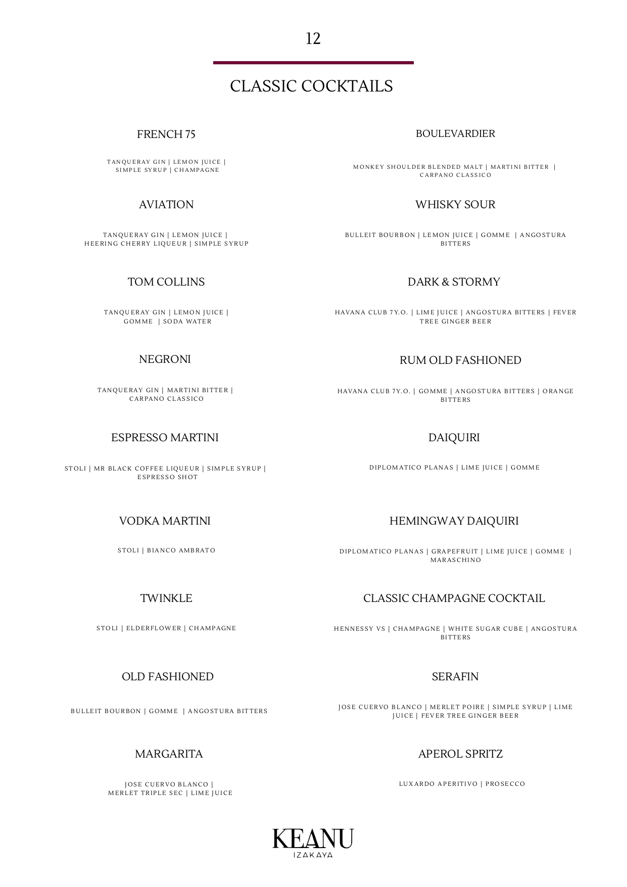 Keanu drink menu