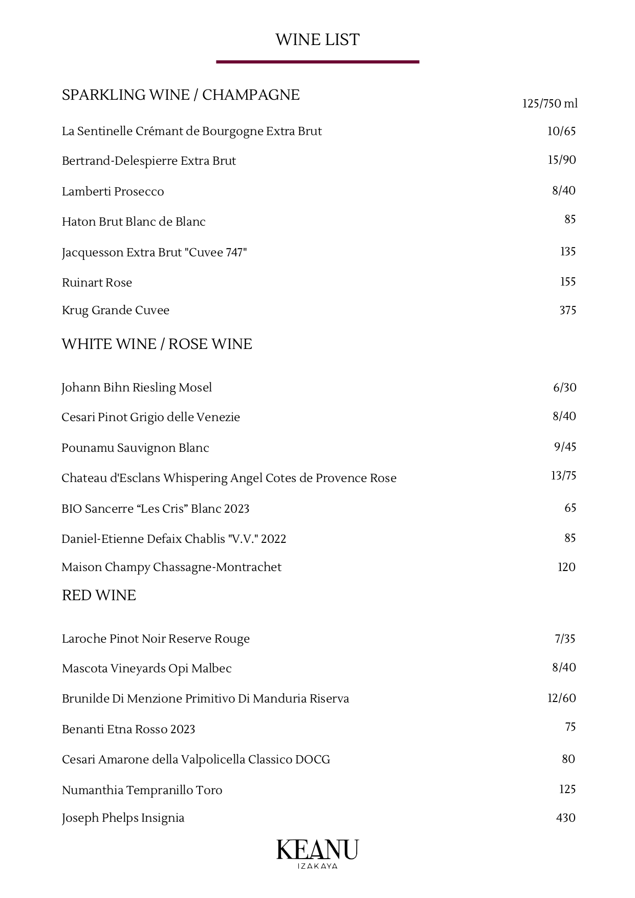 Keanu drink menu
