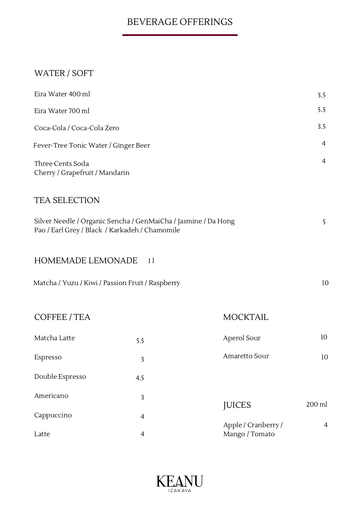 Keanu drink menu