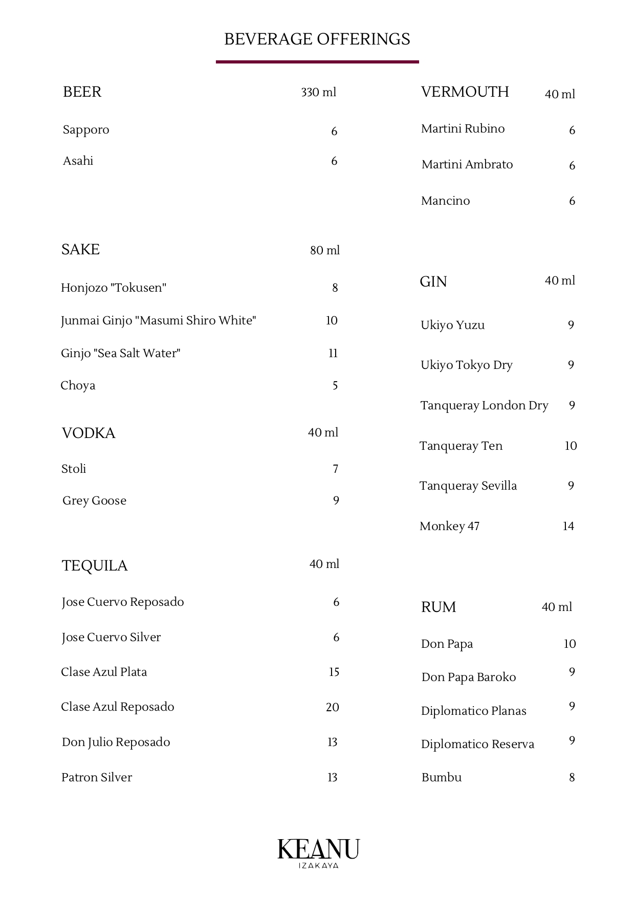 Keanu drink menu