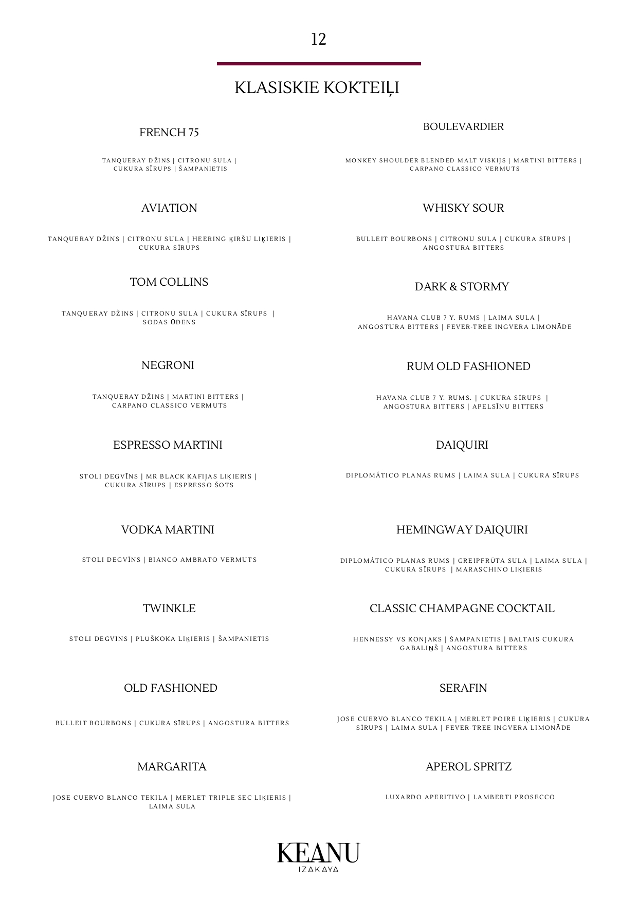 Keanu drink menu