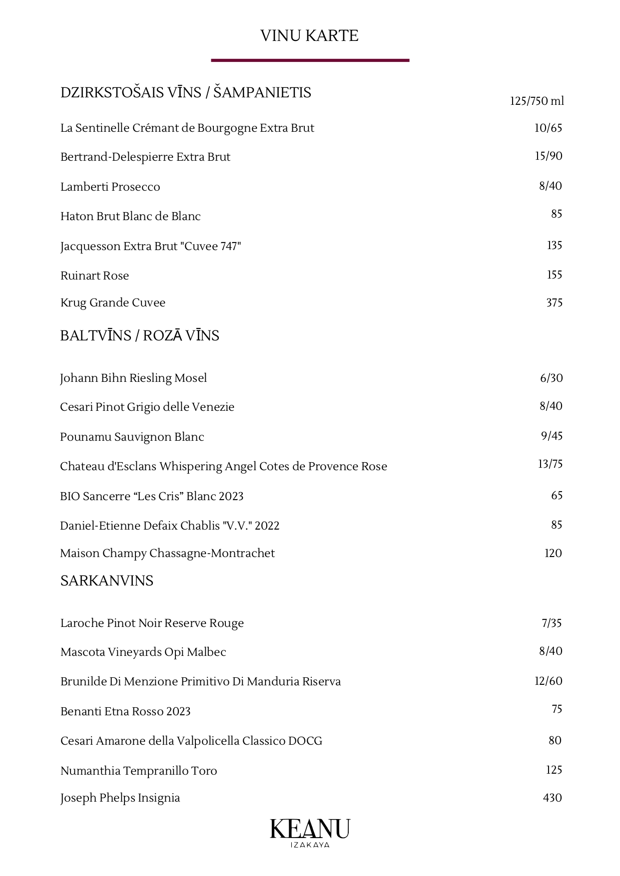Keanu drink menu