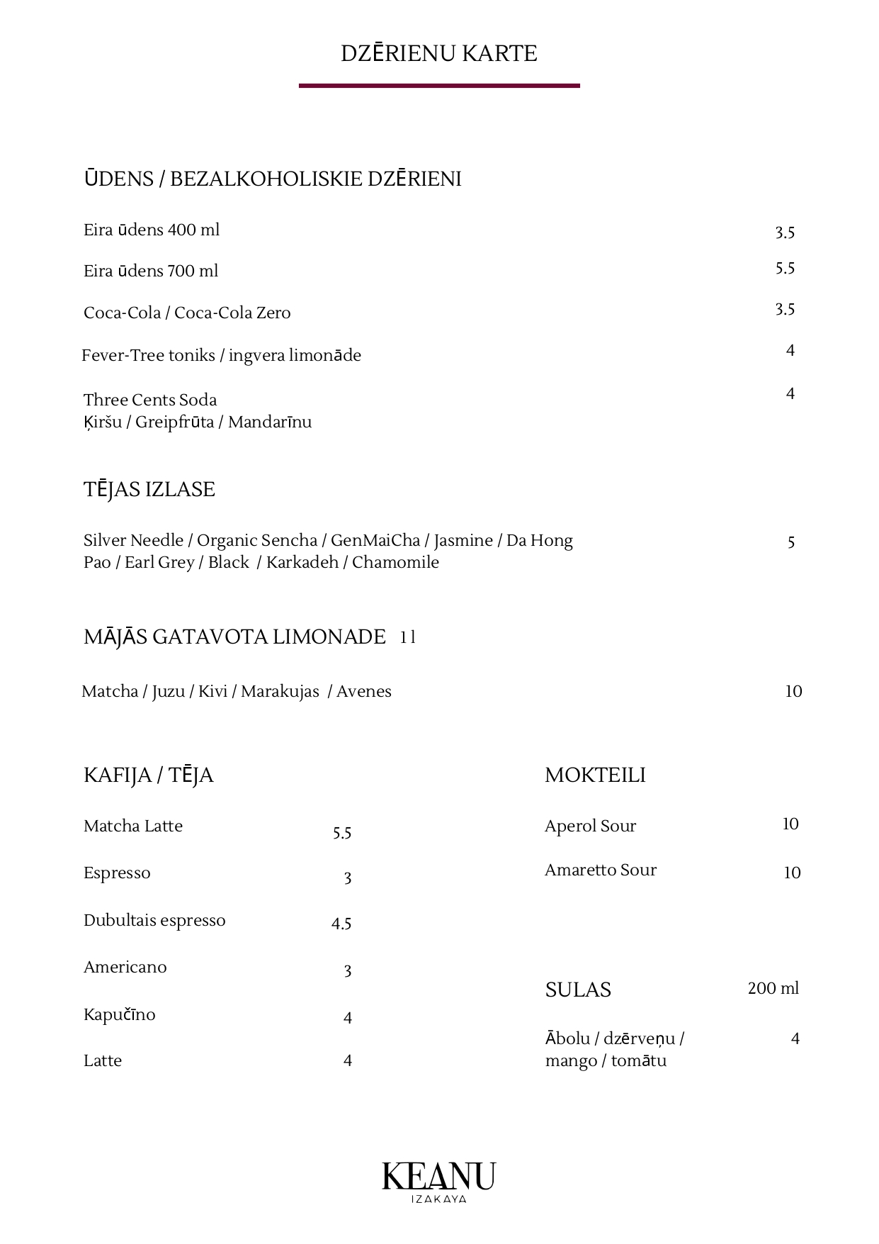Keanu drink menu