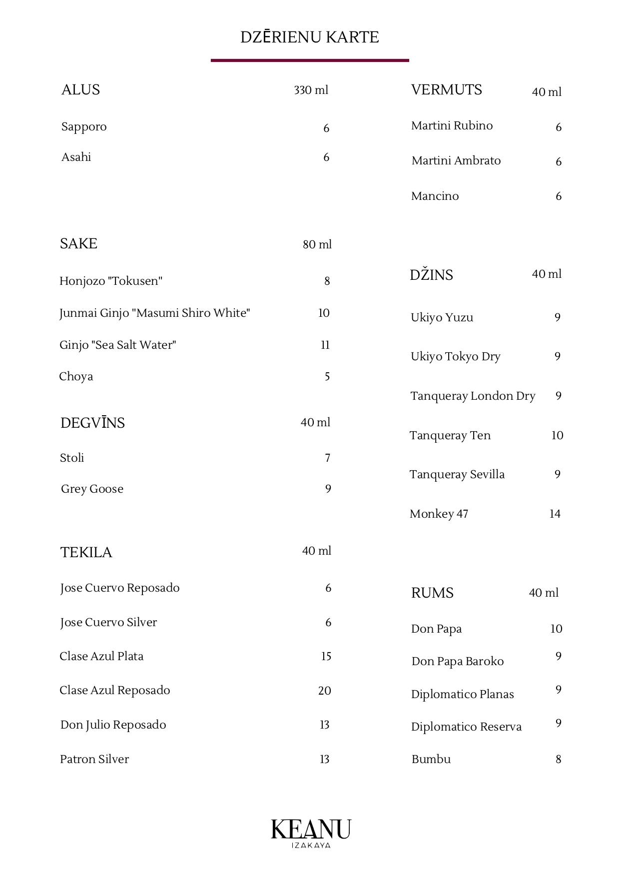 Keanu drink menu
